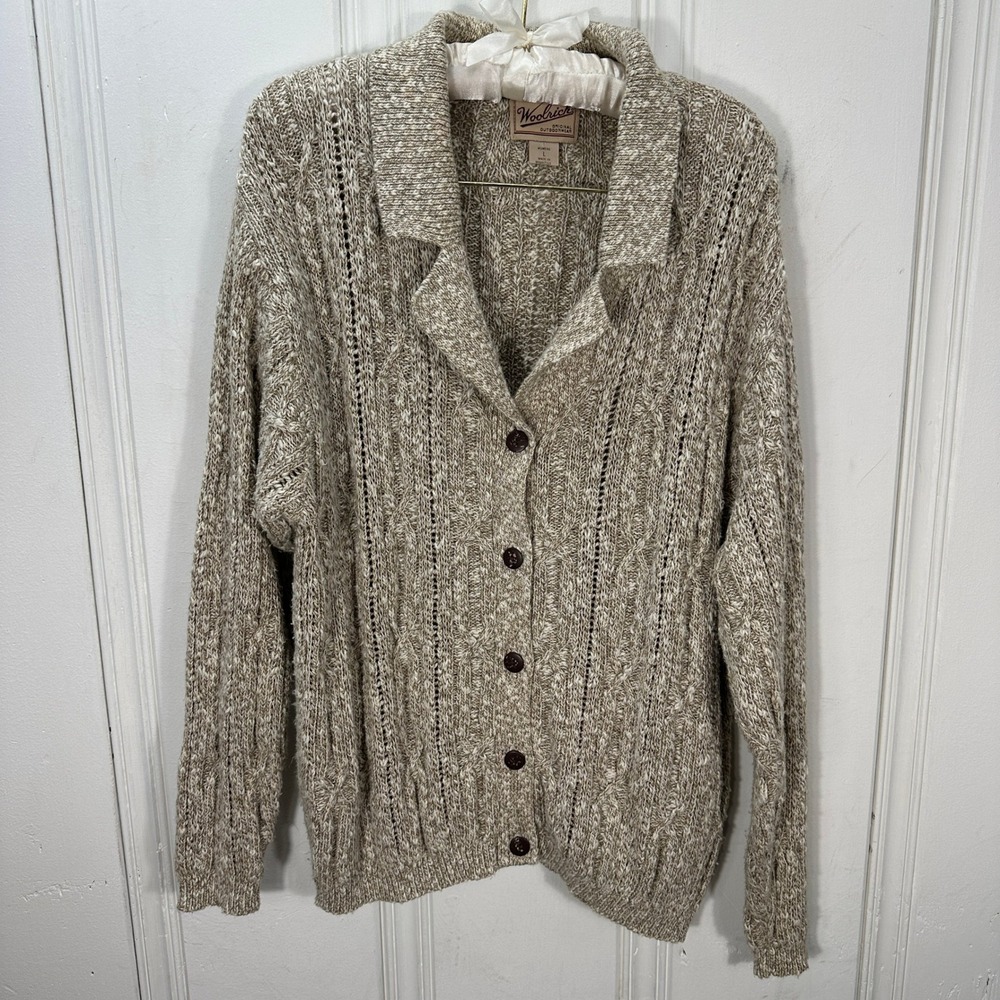 Woolrich Cardigan Sweater Womens L Tan Excellent Cable Knit Button Front 7211